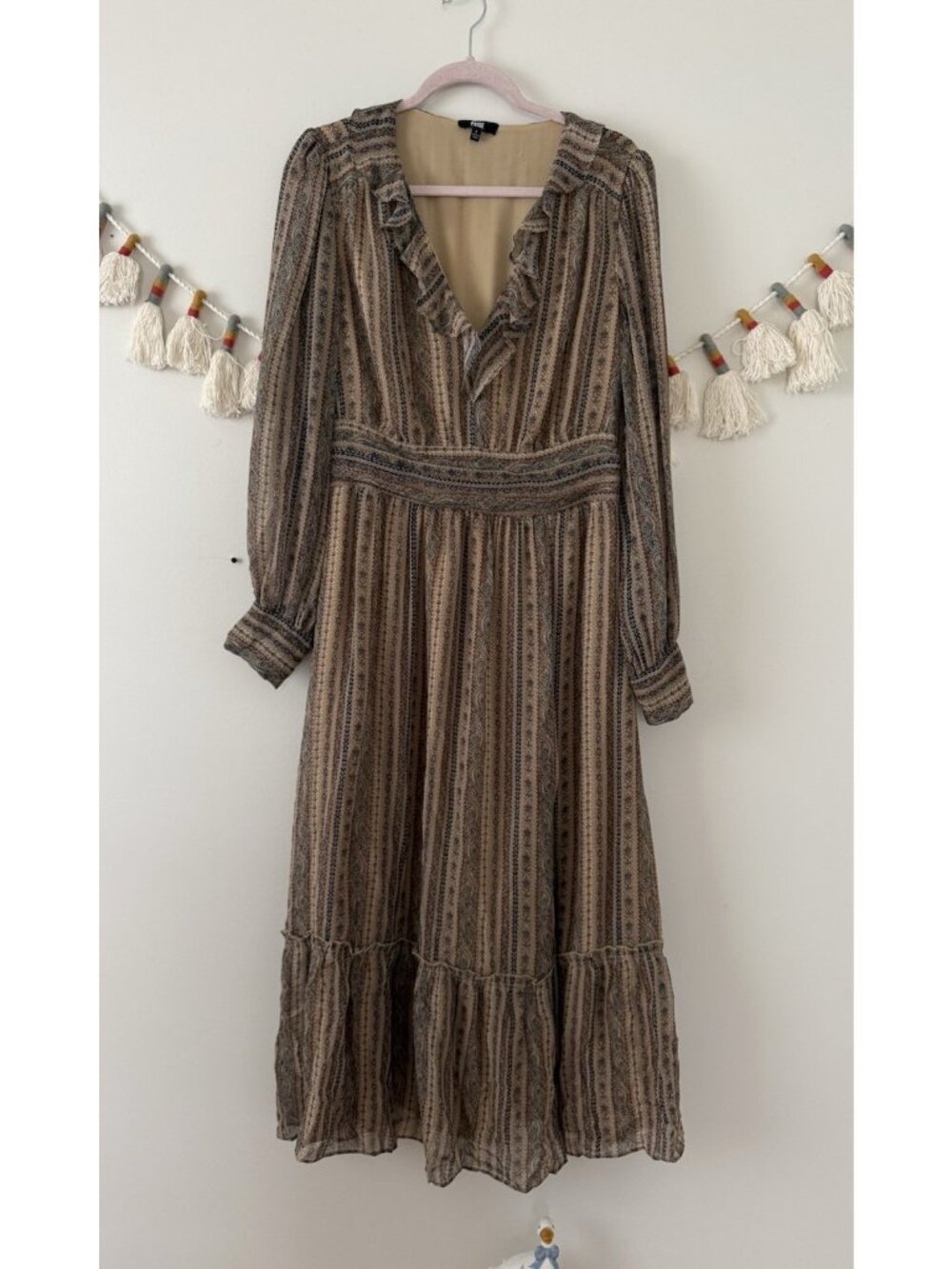 Paige Etta 100% Silk Paisley Midi Dress Brown Long Sleeve Boho Gypsy Victorian 8